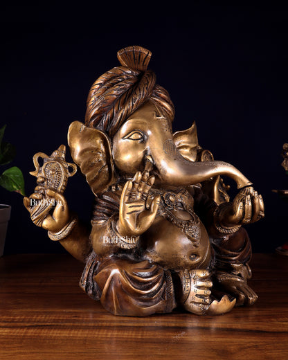 Brass Ganesha vintage statue wearing a turban idol 14"