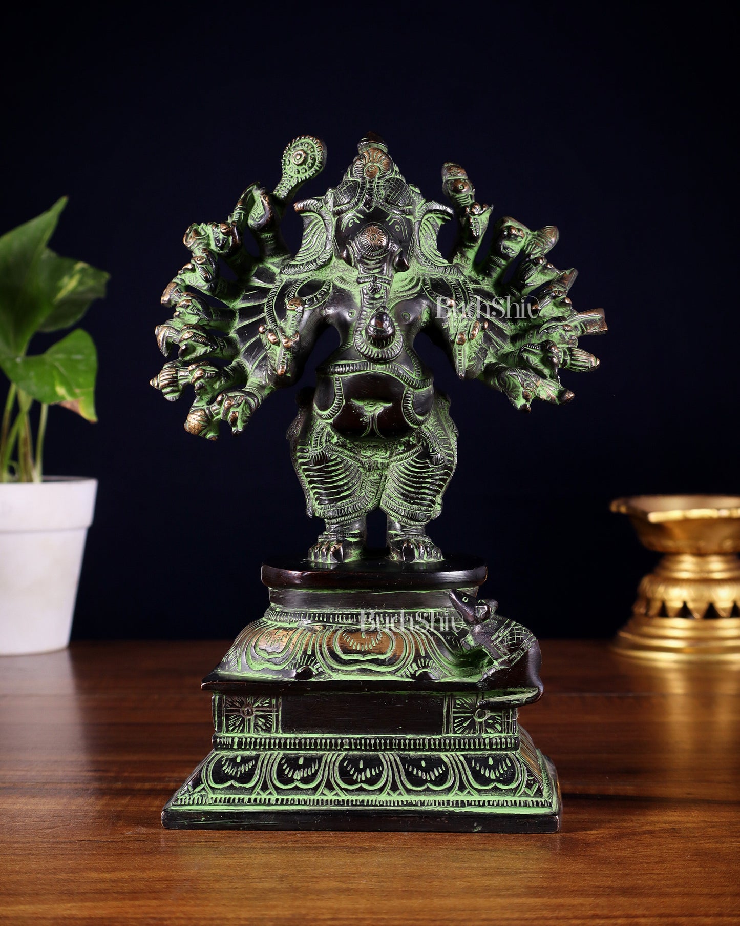 Brass Standing Lord Ganesha Idol with 16 Arms - 8.5 Inch black and green