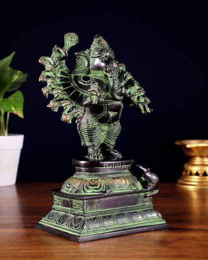 Brass Standing Lord Ganesha Idol with 16 Arms - 8.5 Inch black and green