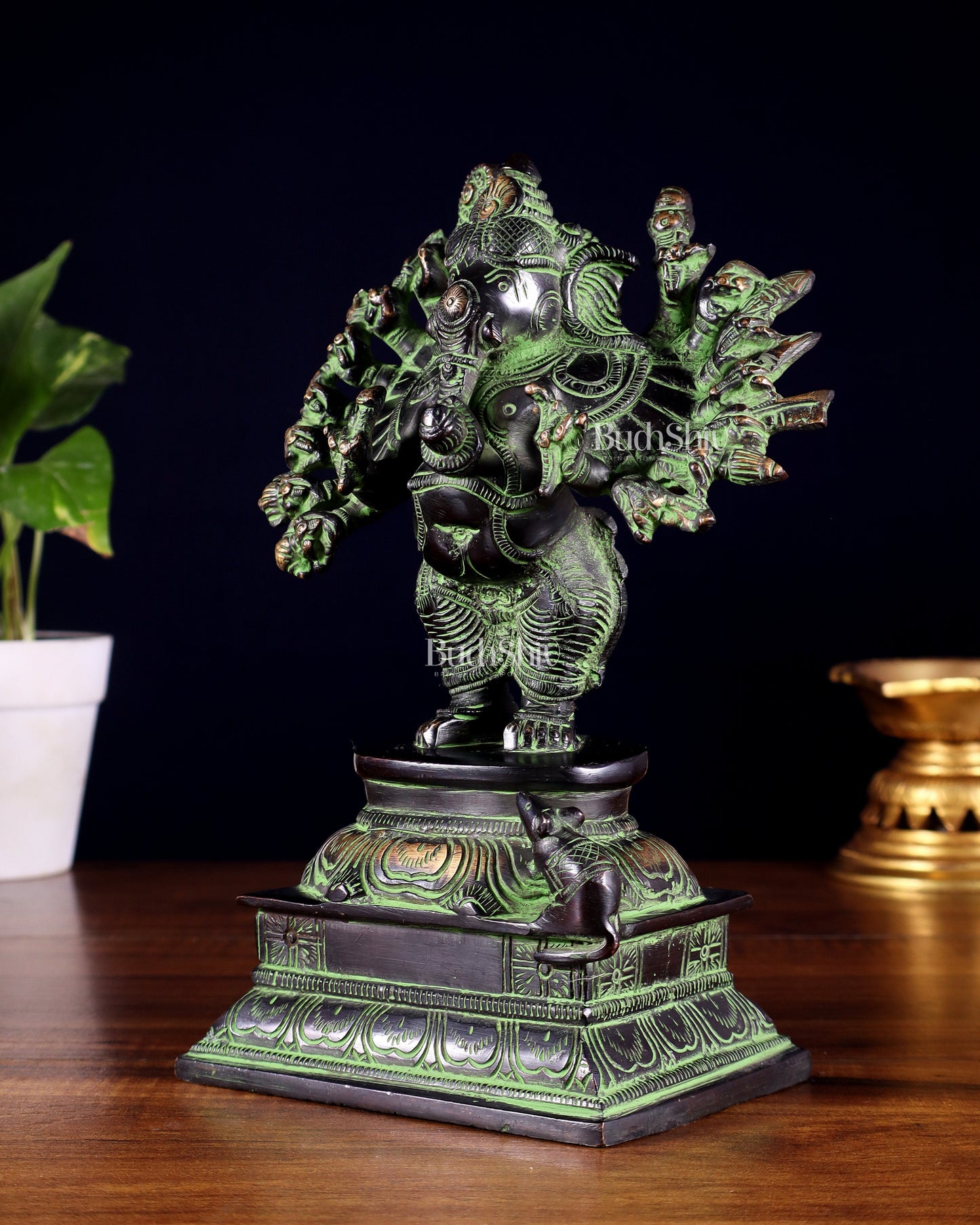 Brass Standing Lord Ganesha Idol with 16 Arms - 8.5 Inch black and green
