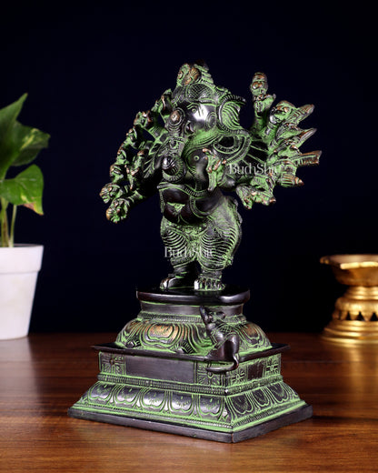 Brass Standing Lord Ganesha Idol with 16 Arms - 8.5 Inch black and green