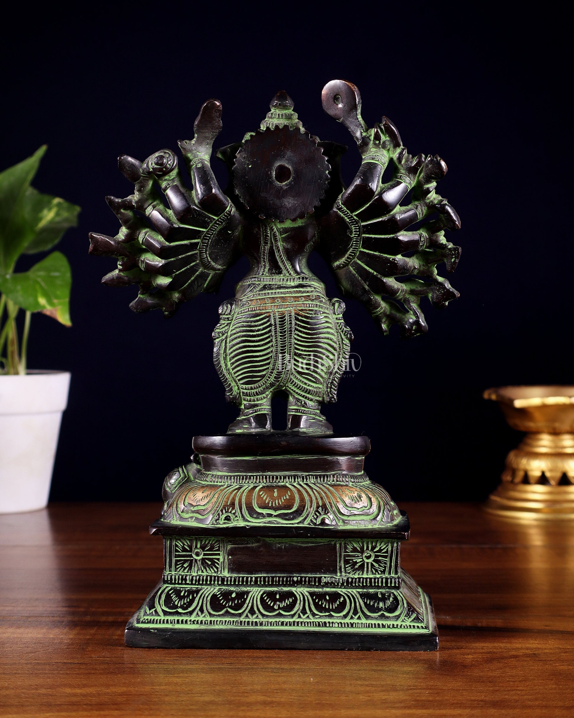 Brass Standing Lord Ganesha Idol with 16 Arms - 8.5 Inch black and green