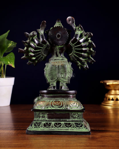 Brass Standing Lord Ganesha Idol with 16 Arms - 8.5 Inch black and green