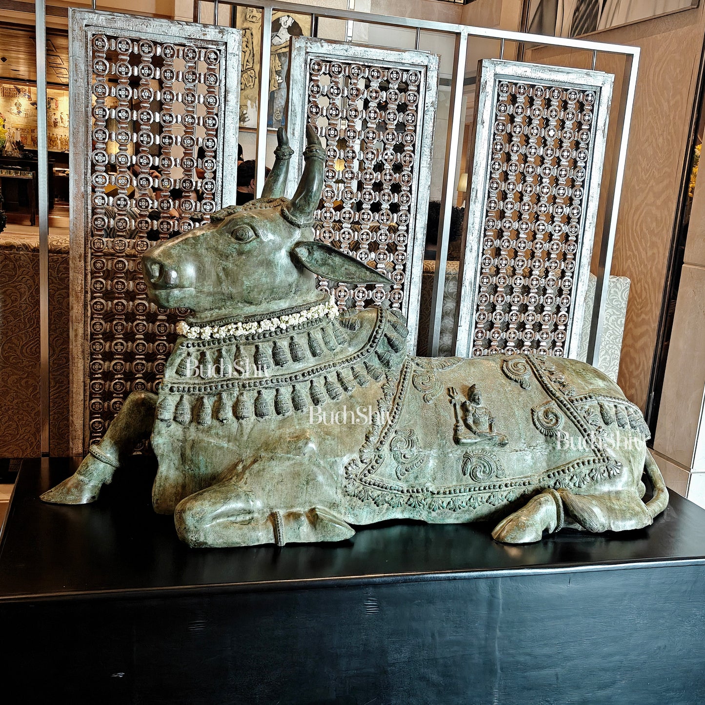 Brass Nandi Statue with Lord Shiva Carvings – Green patina 82"