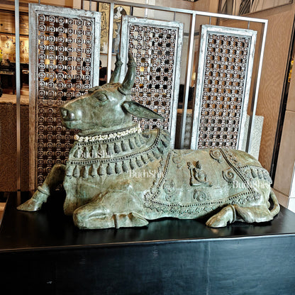 Brass Nandi Statue with Lord Shiva Carvings – Green patina 82"