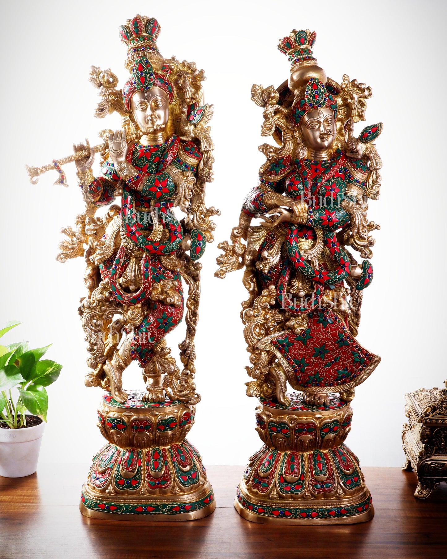 Pure Brass Radha Krishna Statue | 30" Floral stonework