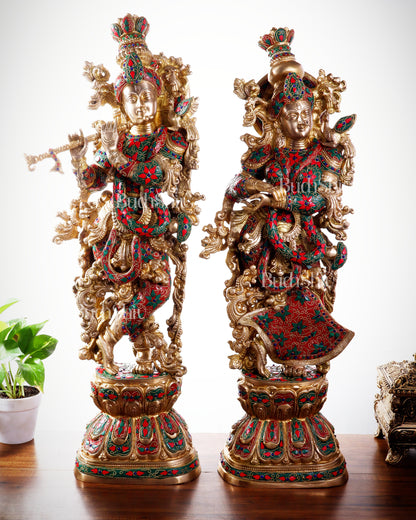 Pure Brass Radha Krishna Statue | 30" Floral stonework