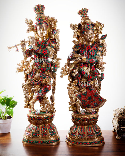 Pure Brass Radha Krishna Statue | 30" Floral stonework