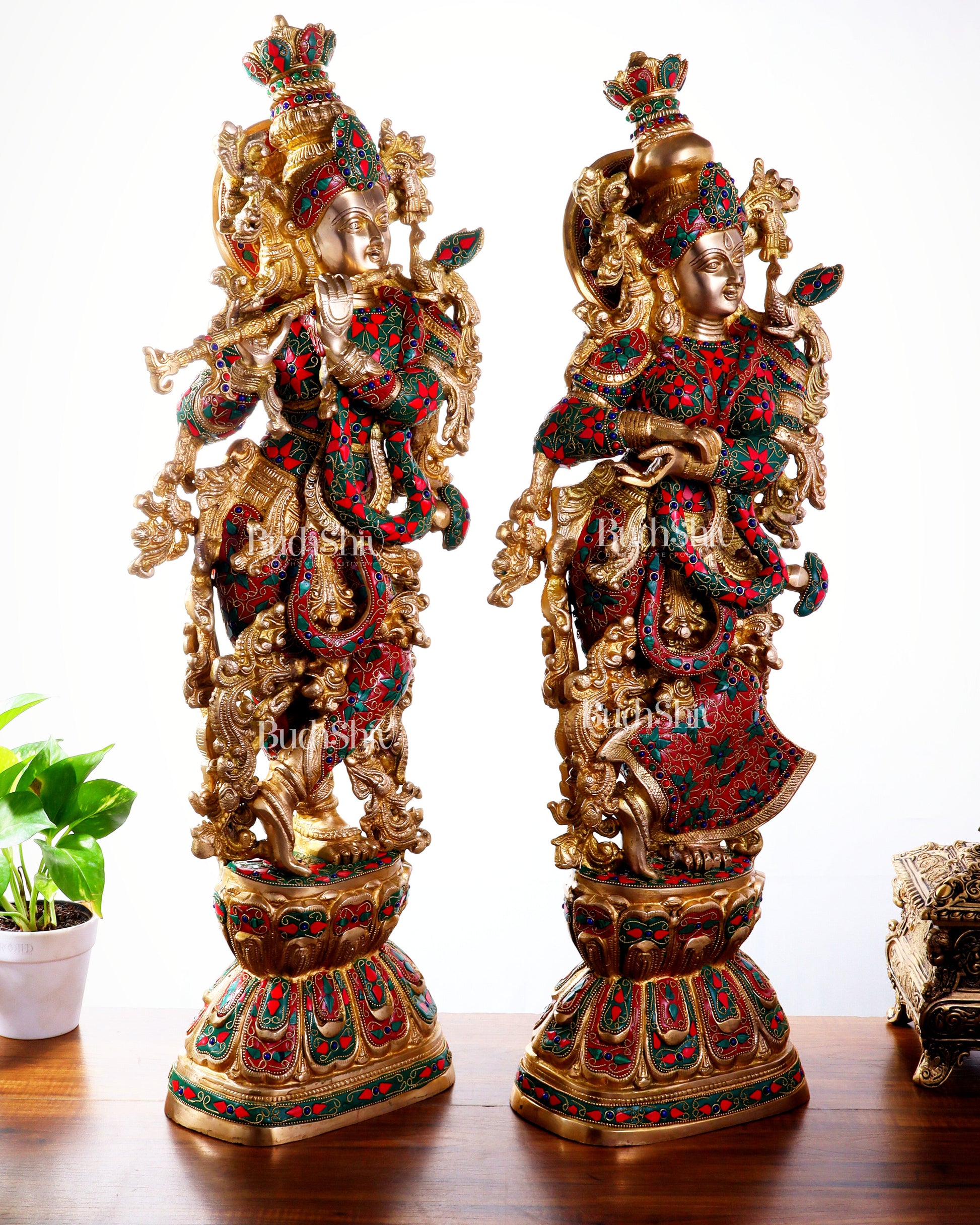 Pure Brass Radha Krishna Statue | 30" Floral stonework