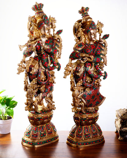 Pure Brass Radha Krishna Statue | 30" Floral stonework
