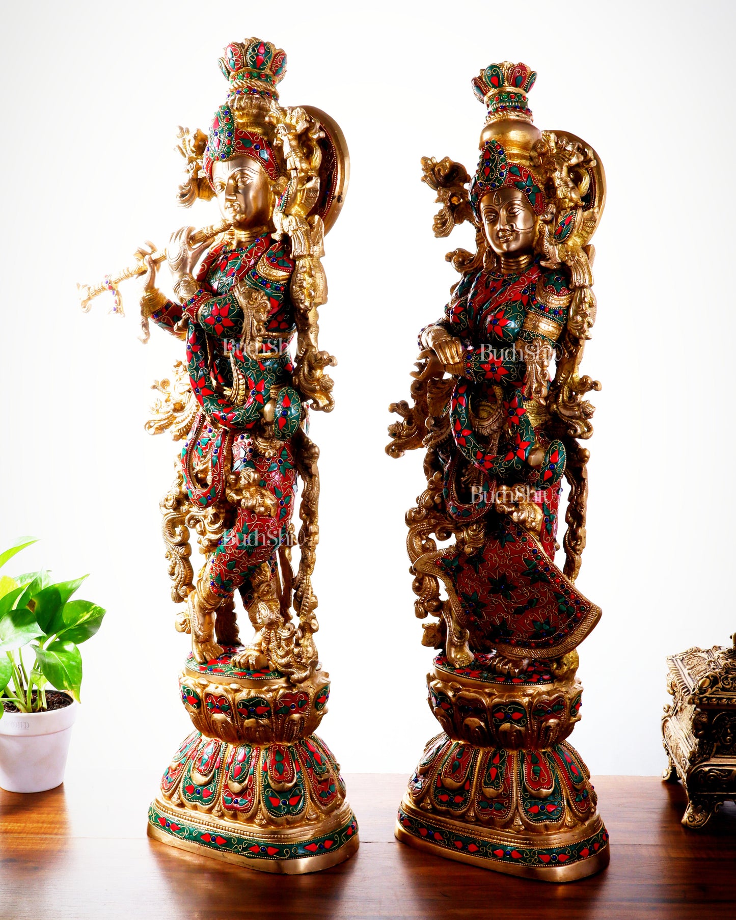 Pure Brass Radha Krishna Statue | 30" Floral stonework
