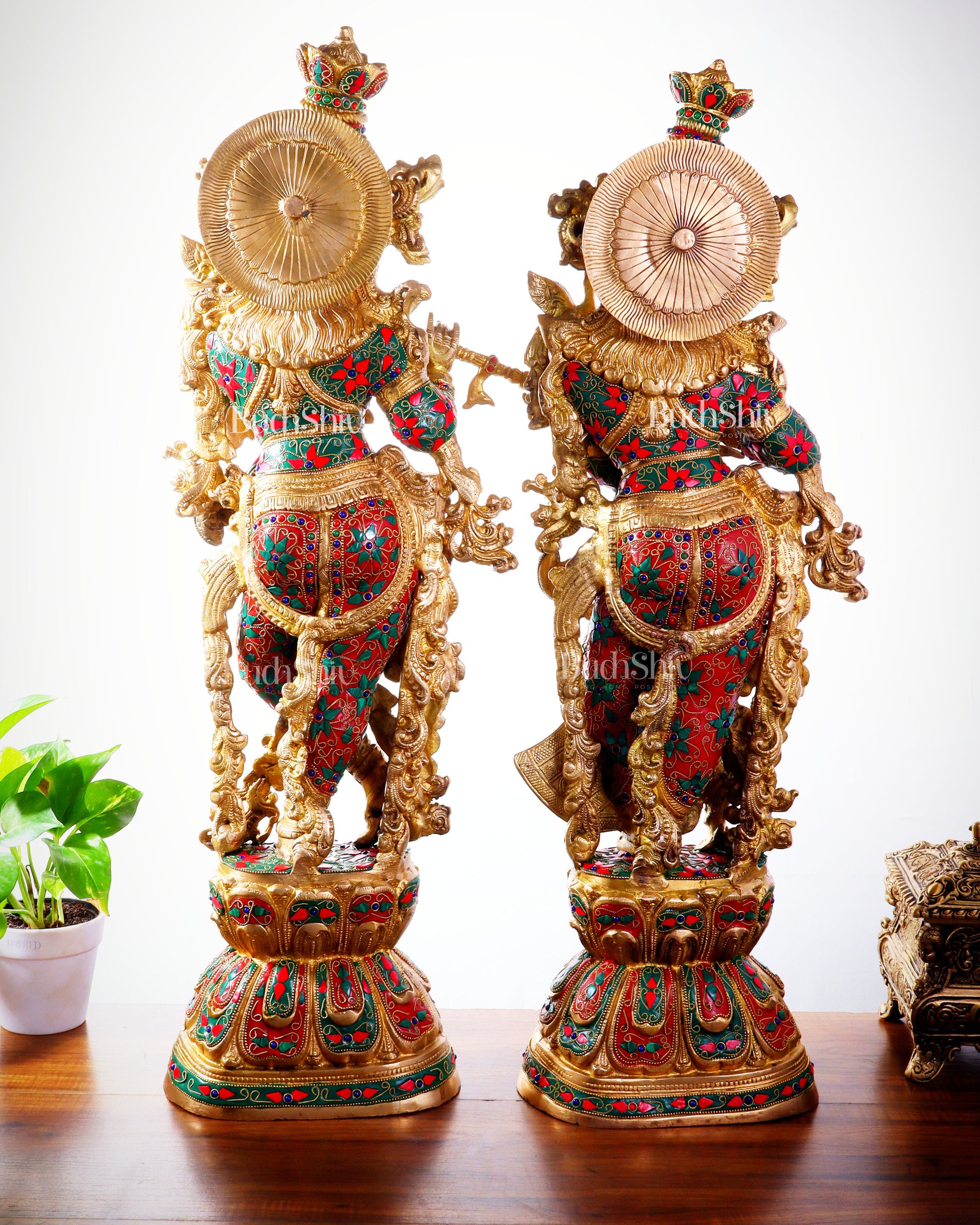 Pure Brass Radha Krishna Statue | 30" Floral stonework