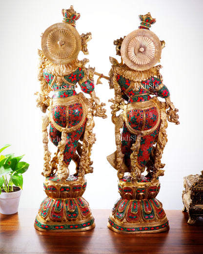 Pure Brass Radha Krishna Statue | 30" Floral stonework