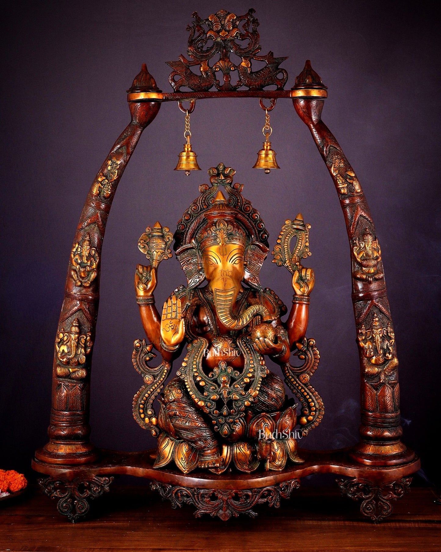 Brass Lord Ganesha Sculpture with Engraved temple Pillars - 35 Inch