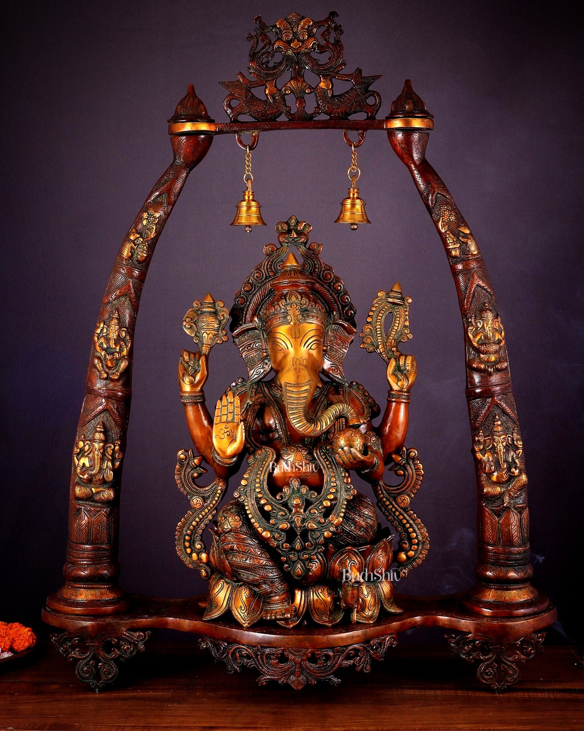 Brass Lord Ganesha Sculpture with Engraved temple Pillars - 35 Inch
