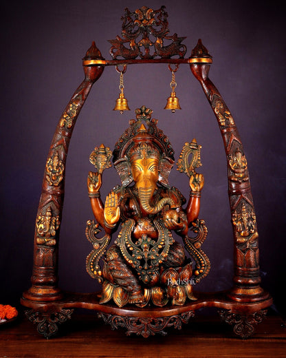 Brass Lord Ganesha Sculpture with Engraved temple Pillars - 35 Inch