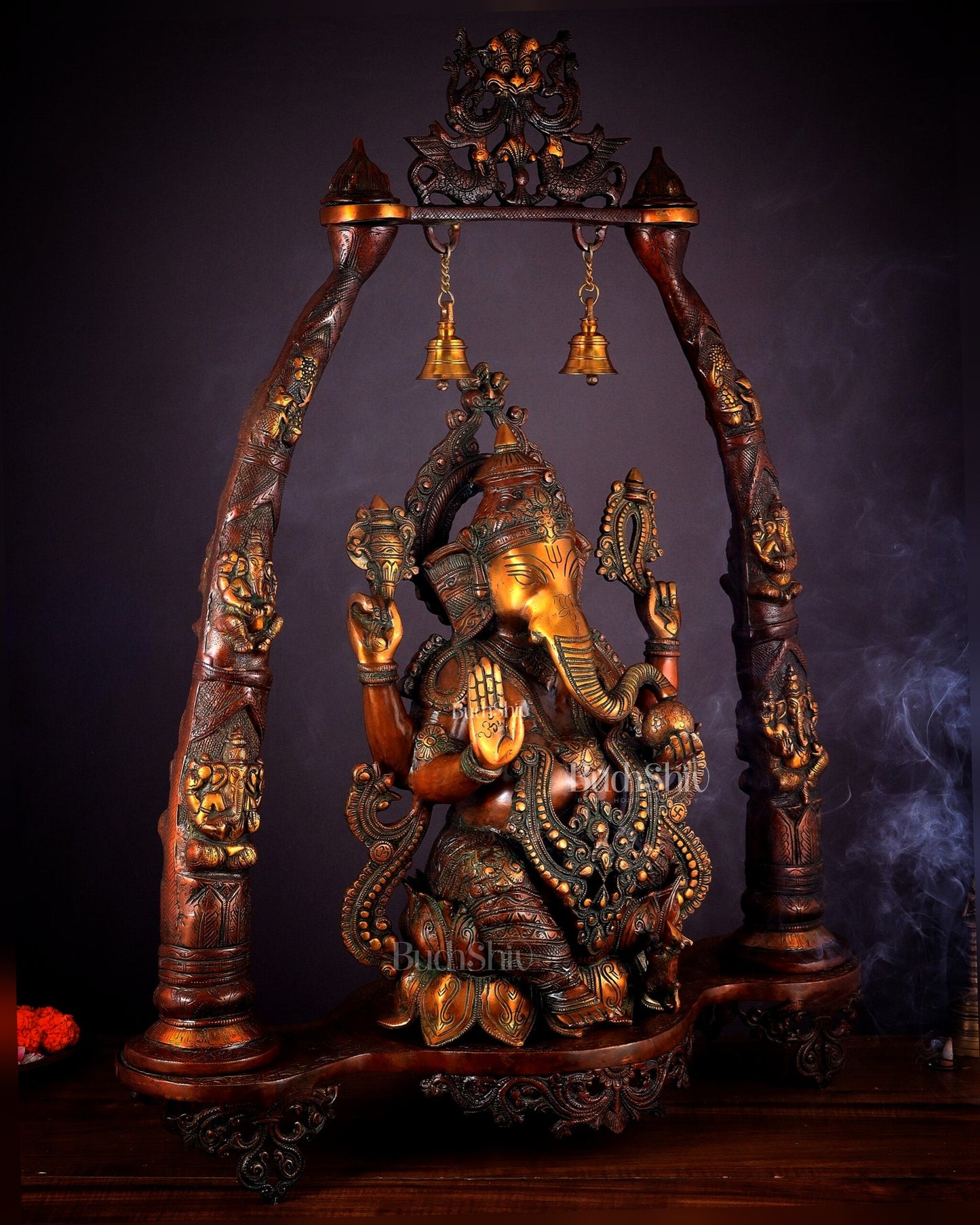Brass Lord Ganesha Sculpture with Engraved temple Pillars - 35 Inch