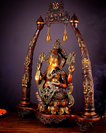 Brass Lord Ganesha Sculpture with Engraved temple Pillars - 35 Inch