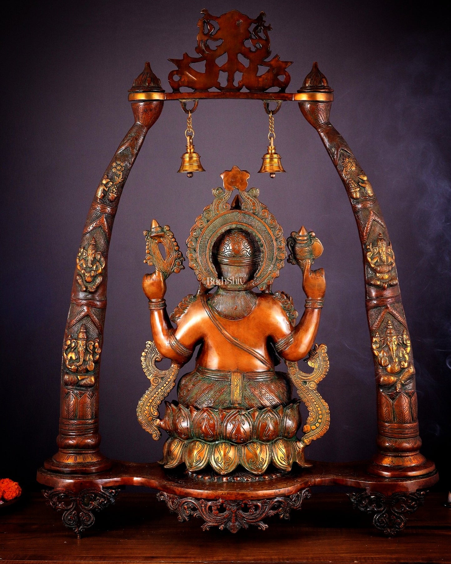 Brass Lord Ganesha Sculpture with Engraved temple Pillars - 35 Inch