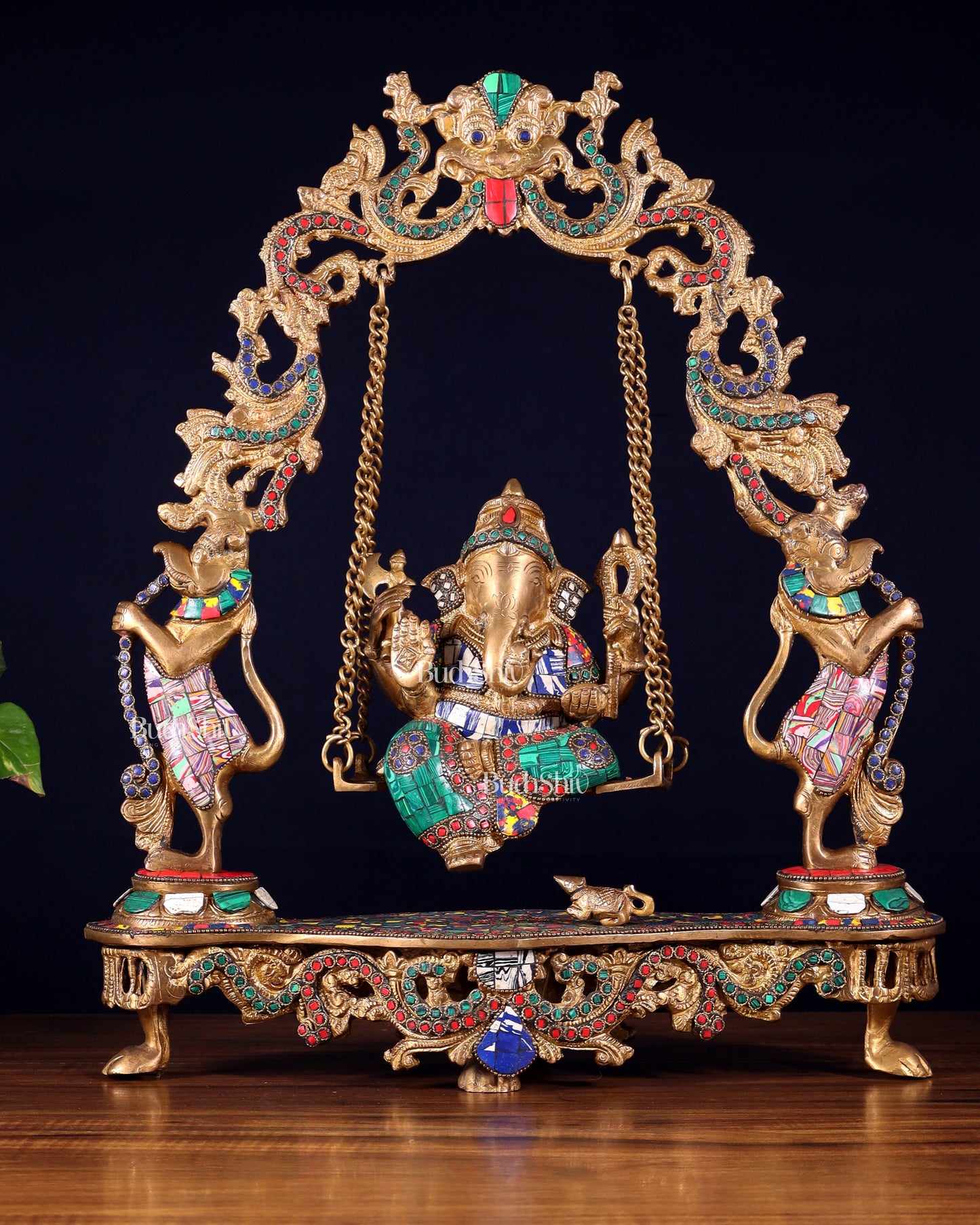 Elegant Brass Lord Ganesha Swing with Multicolor Stonework - 18 Inches
