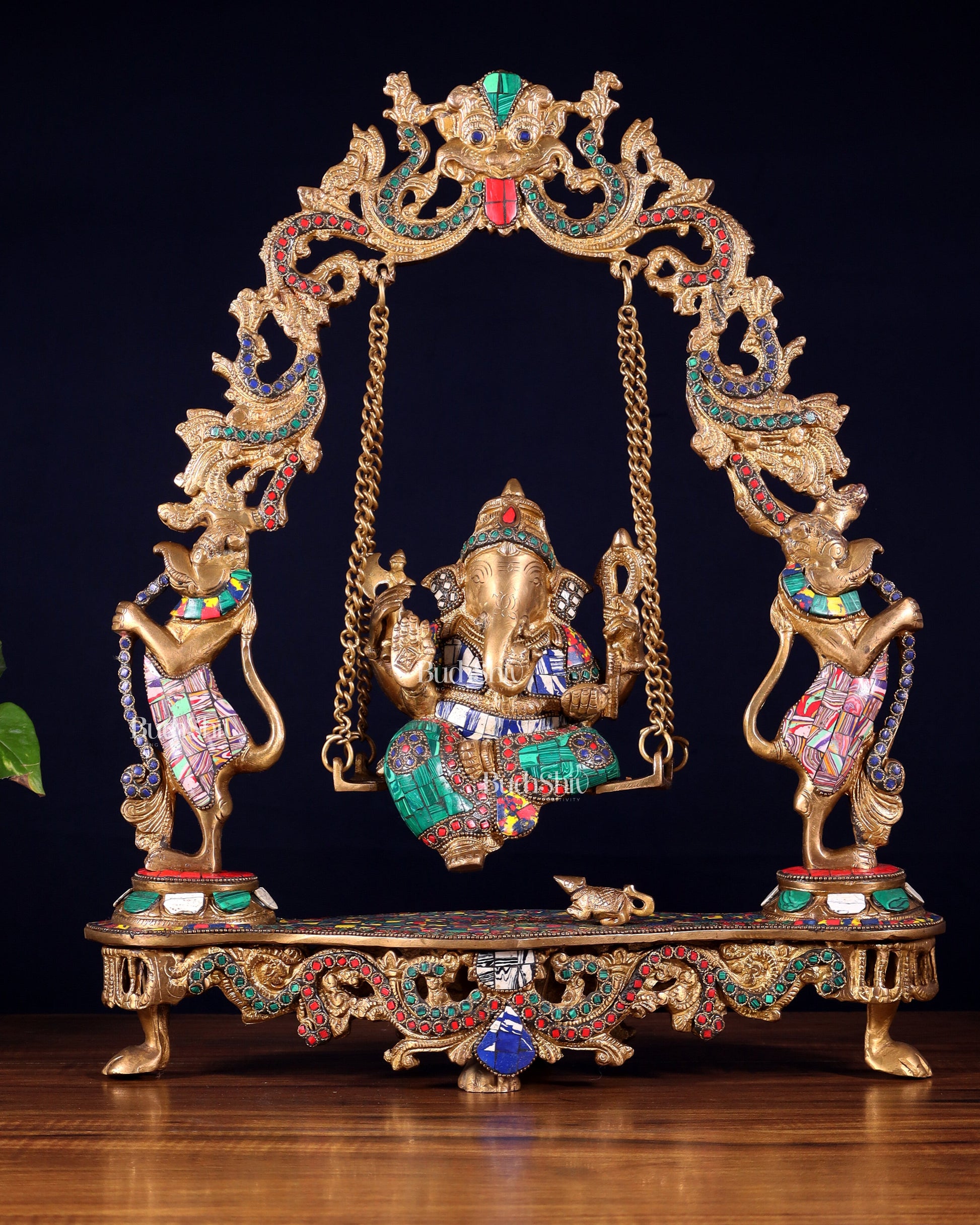 Elegant Brass Lord Ganesha Swing with Multicolor Stonework - 18 Inches