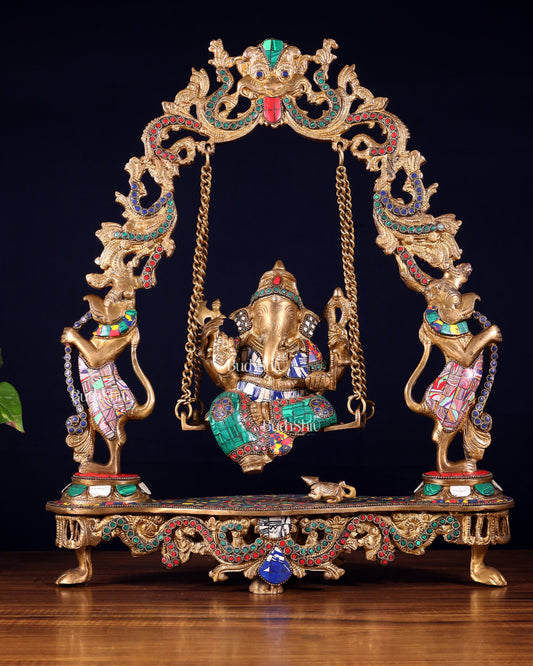 Elegant Brass Lord Ganesha Swing with Multicolor Stonework - 18 Inches