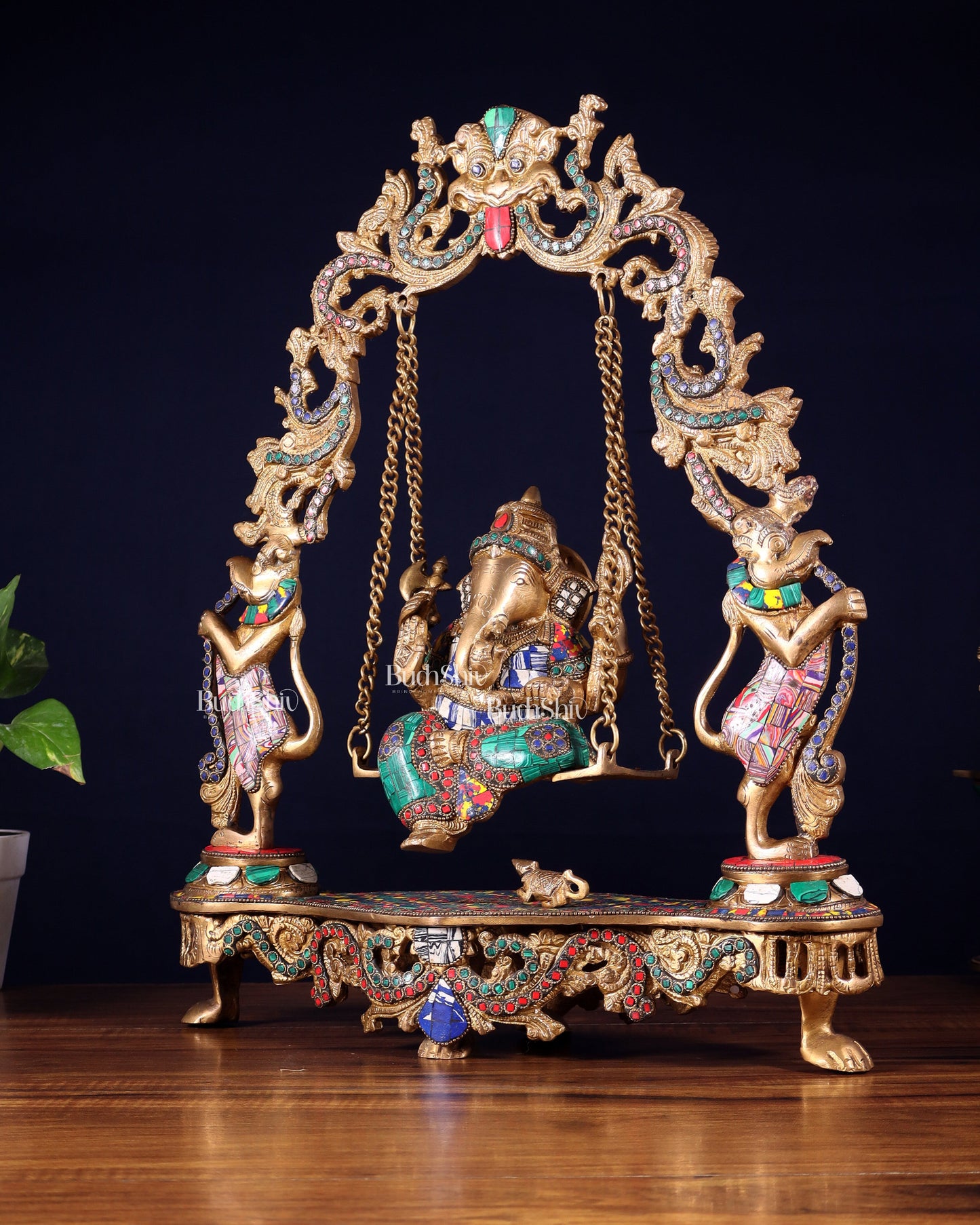 Elegant Brass Lord Ganesha Swing with Multicolor Stonework - 18 Inches