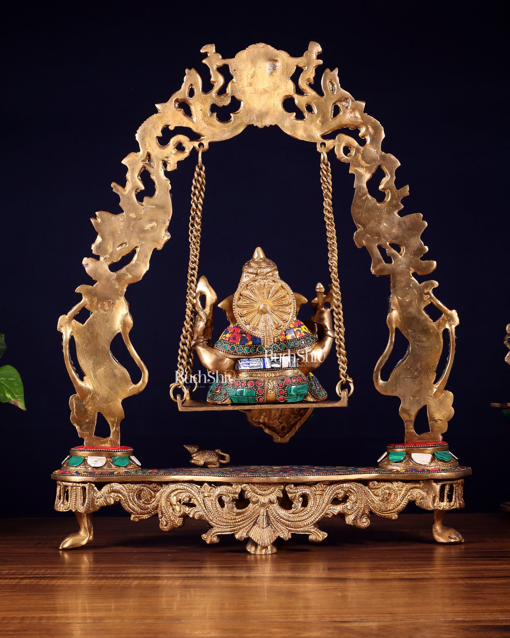Elegant Brass Lord Ganesha Swing with Multicolor Stonework - 18 Inches