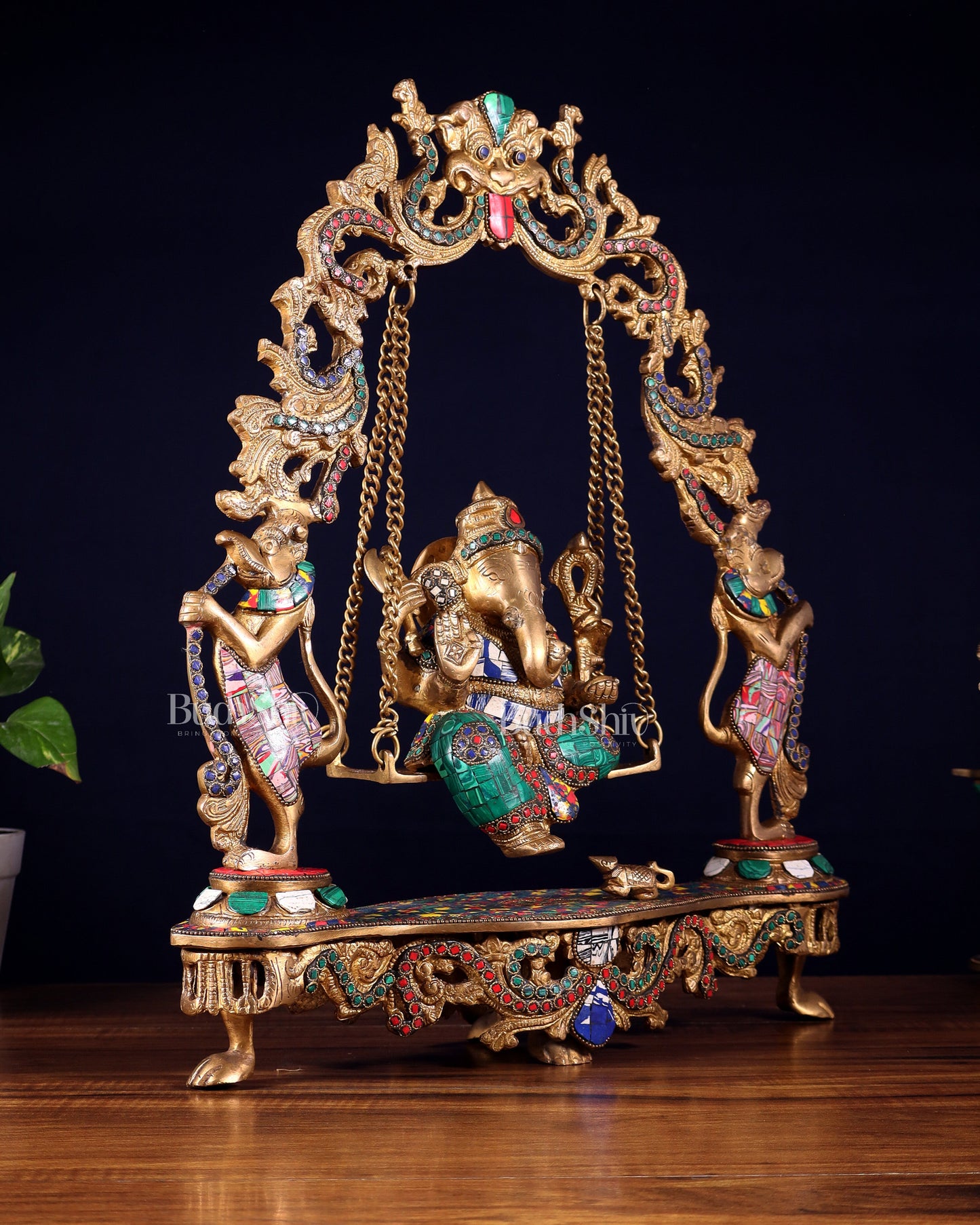 Elegant Brass Lord Ganesha Swing with Multicolor Stonework - 18 Inches