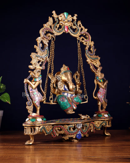 Elegant Brass Lord Ganesha Swing with Multicolor Stonework - 18 Inches