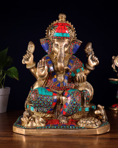Ganesha brass statue with stonework  13"