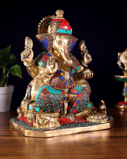 Ganesha brass statue with stonework  13"