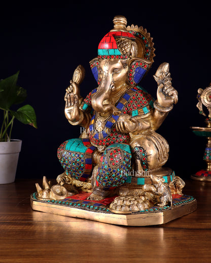 Ganesha brass statue with stonework  13"