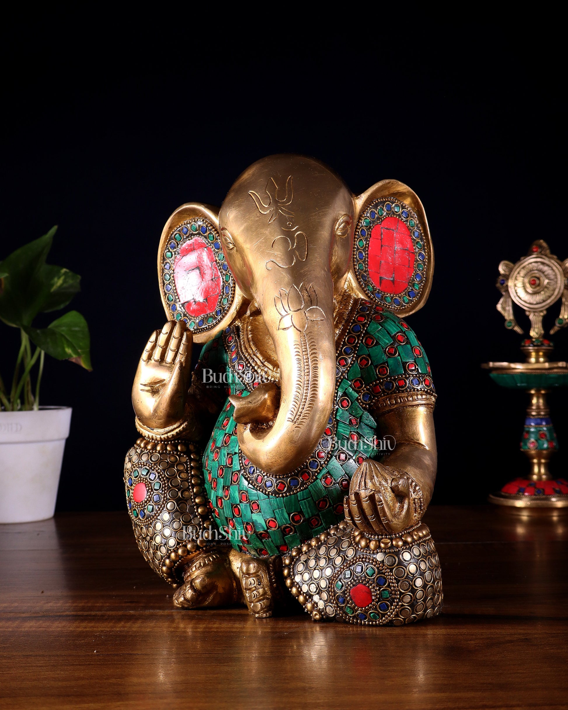 Pure Brass Modern Ganesha Idol with Abstract Design and Stonework 9.5"