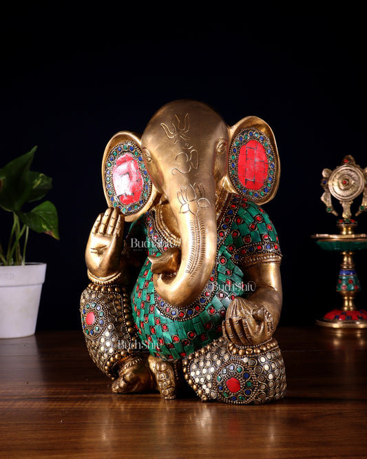 Pure Brass Modern Ganesha Idol with Abstract Design and Stonework 9.5"