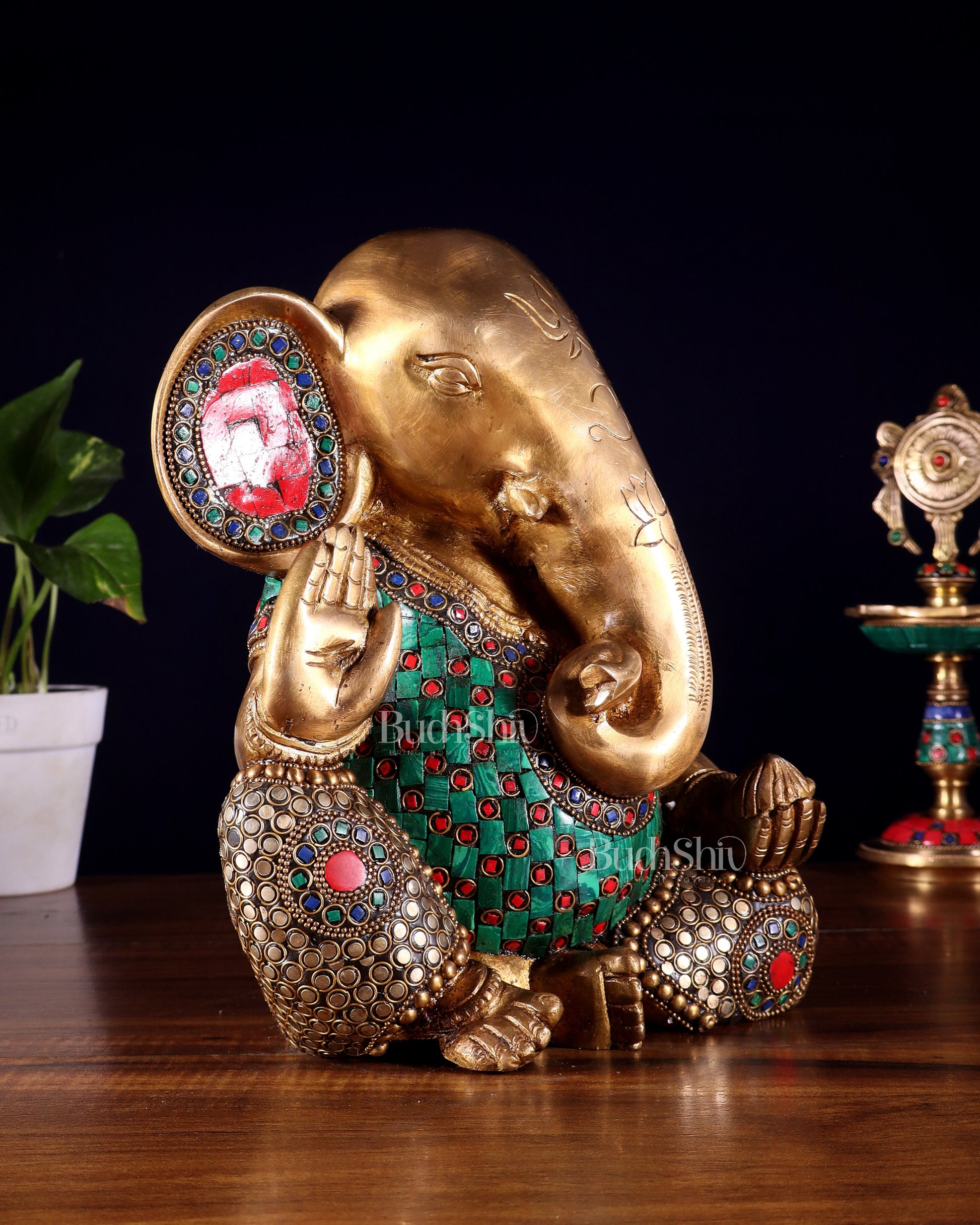Pure Brass Modern Ganesha Idol with Abstract Design and Stonework 9.5"