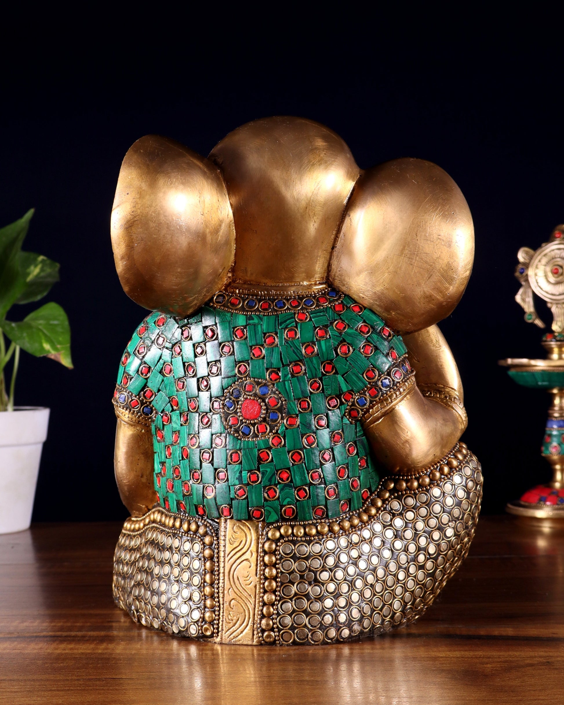 Pure Brass Modern Ganesha Idol with Abstract Design and Stonework 9.5"