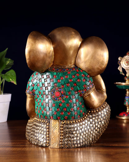 Pure Brass Modern Ganesha Idol with Abstract Design and Stonework 9.5"