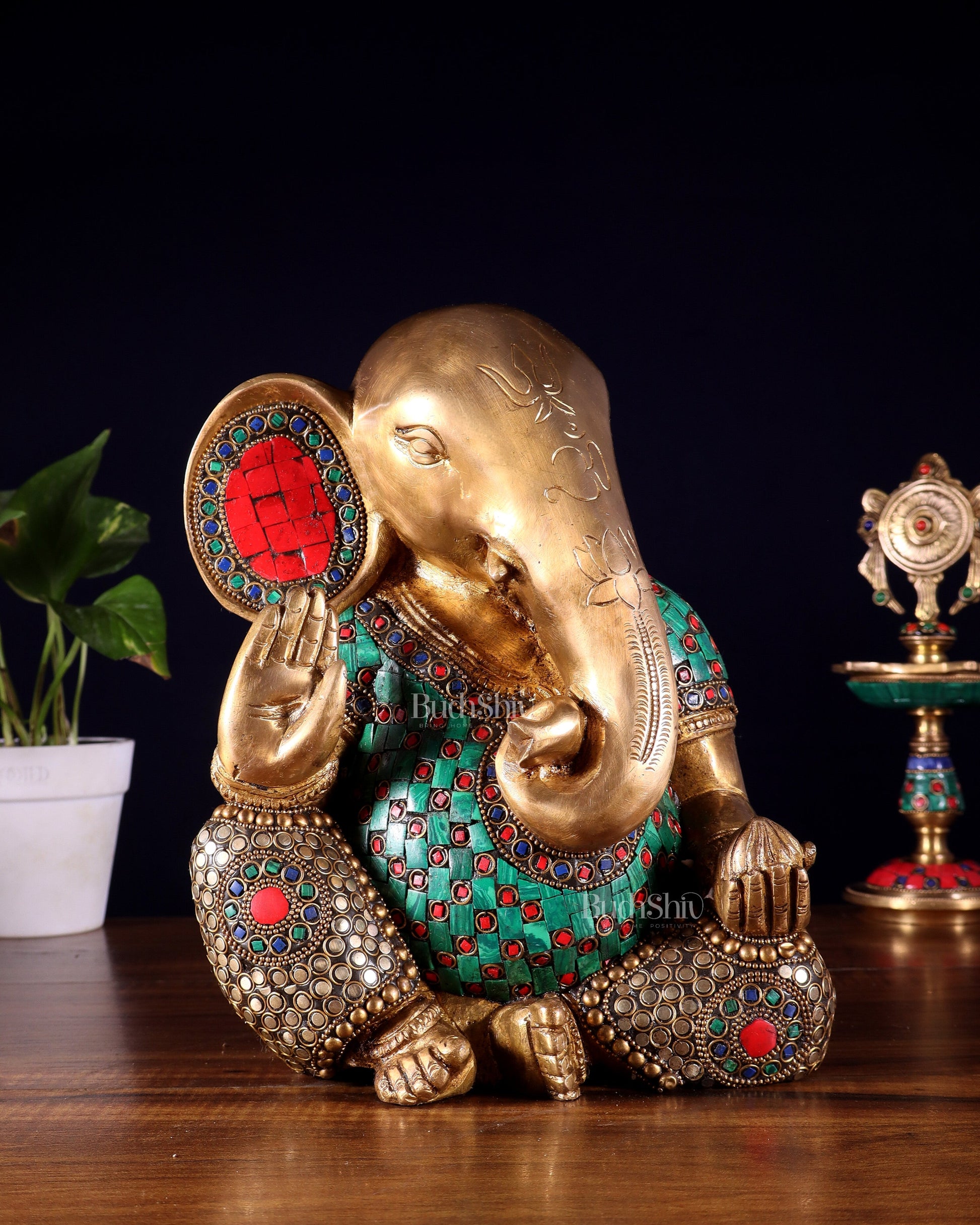 Pure Brass Modern Ganesha Idol with Abstract Design and Stonework 9.5"