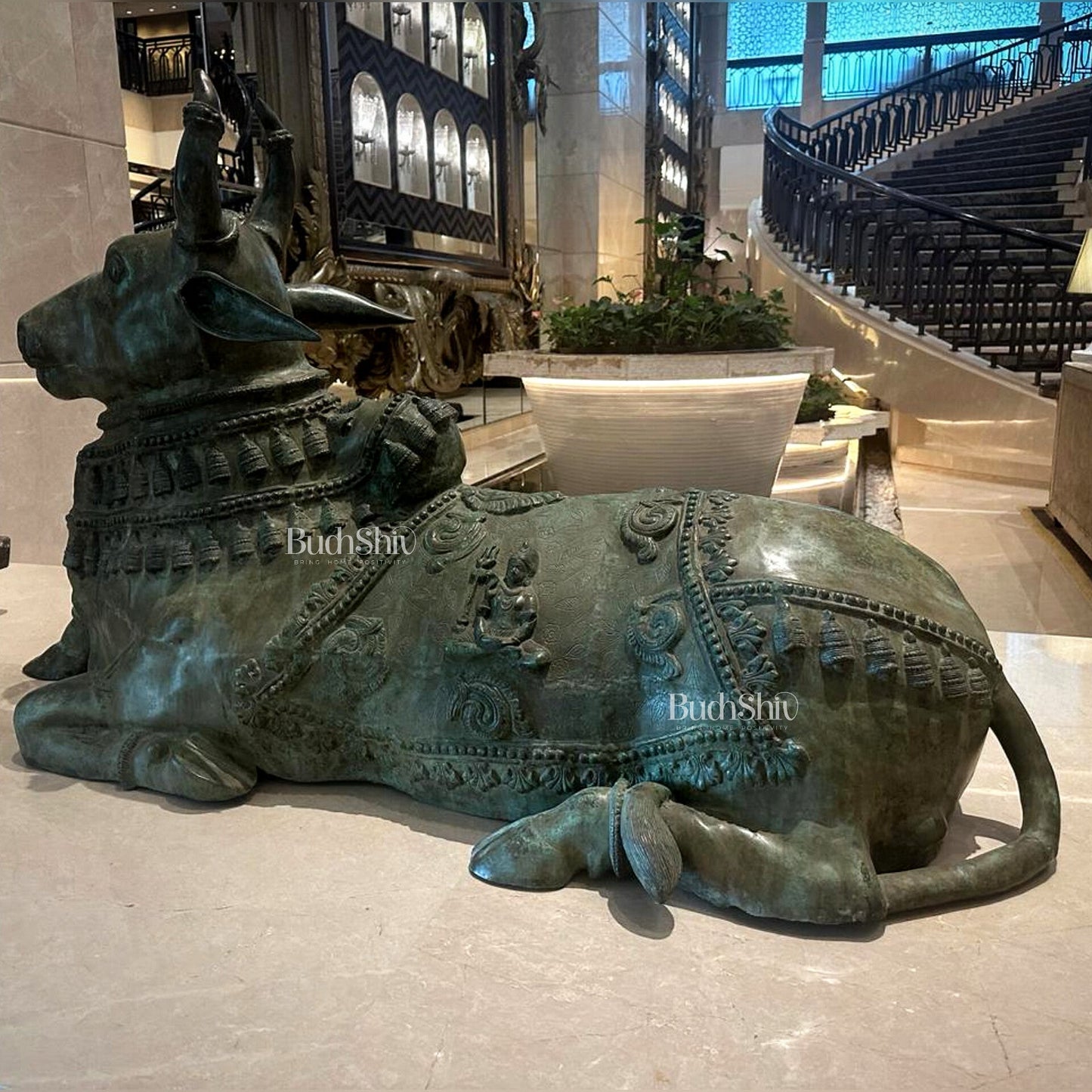 Brass Nandi Statue with Lord Shiva Carvings – Green patina 82"