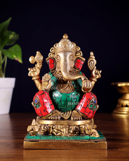 Brass Superfine Lord Ganesha Idol with Ashtavinayaka meenakari - 6.5 Inch