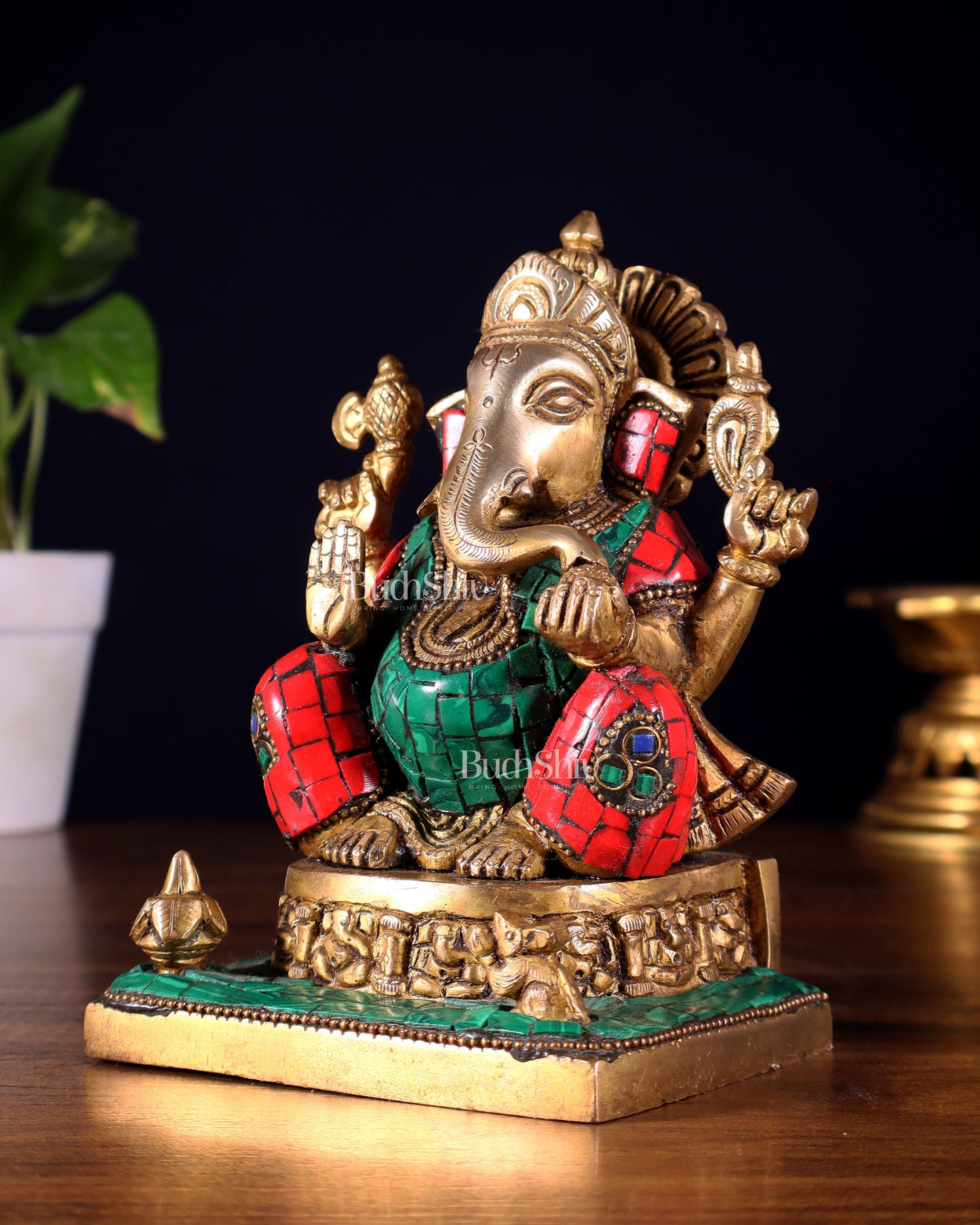 Brass Superfine Lord Ganesha Idol with Ashtavinayaka meenakari - 6.5 Inch