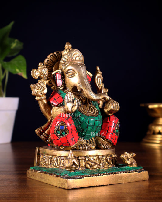Brass Superfine Lord Ganesha Idol with Ashtavinayaka meenakari - 6.5 Inch