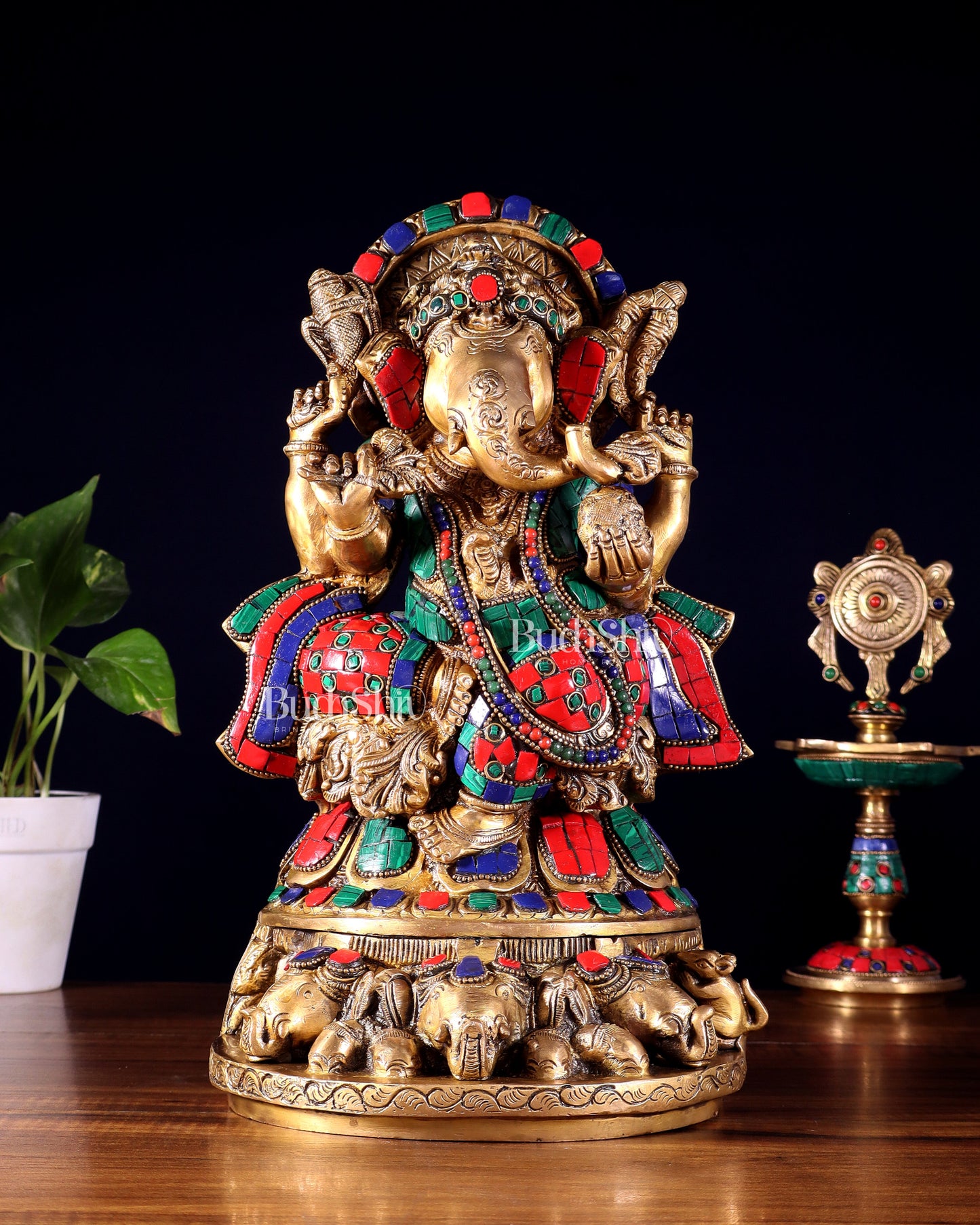 Brass Lord Ganesha Statue Seated on Elephant Throne - 12 Inch