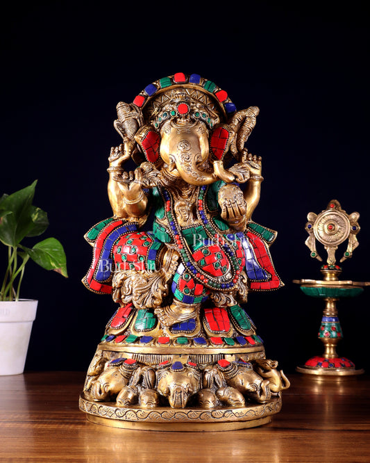Brass Lord Ganesha Statue Seated on Elephant Throne - 12 Inch