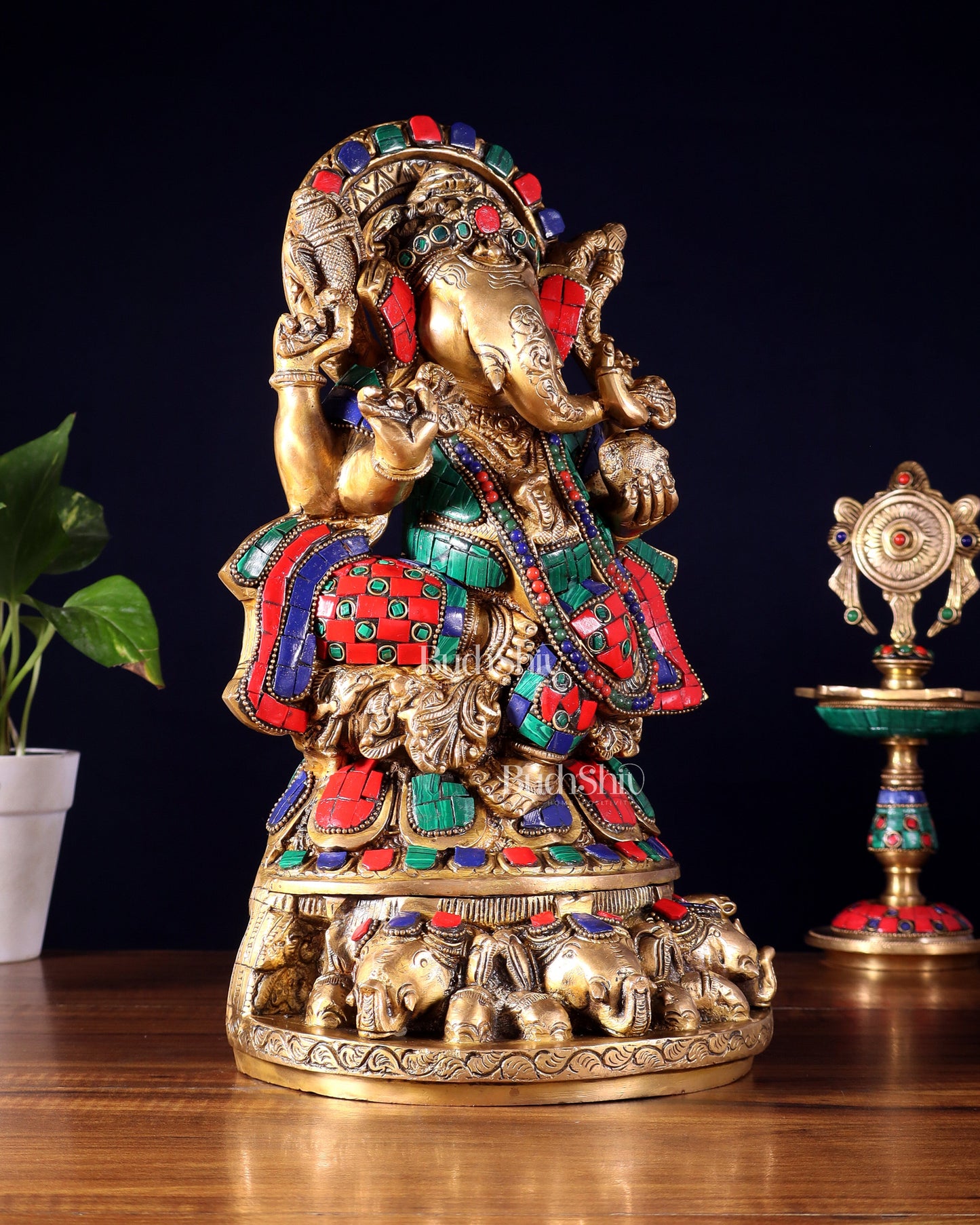 Brass Lord Ganesha Statue Seated on Elephant Throne - 12 Inch