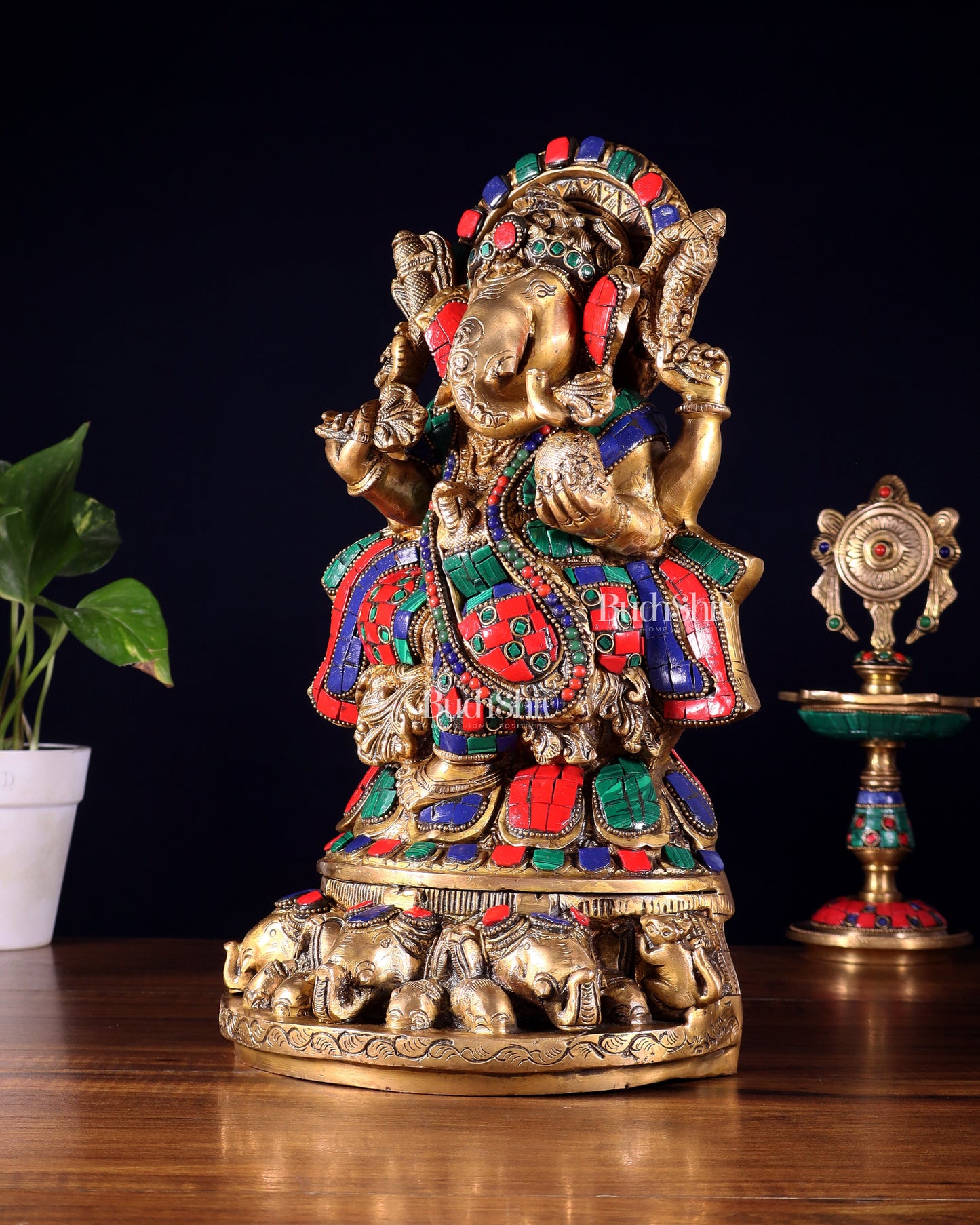 Brass Lord Ganesha Statue Seated on Elephant Throne - 12 Inch