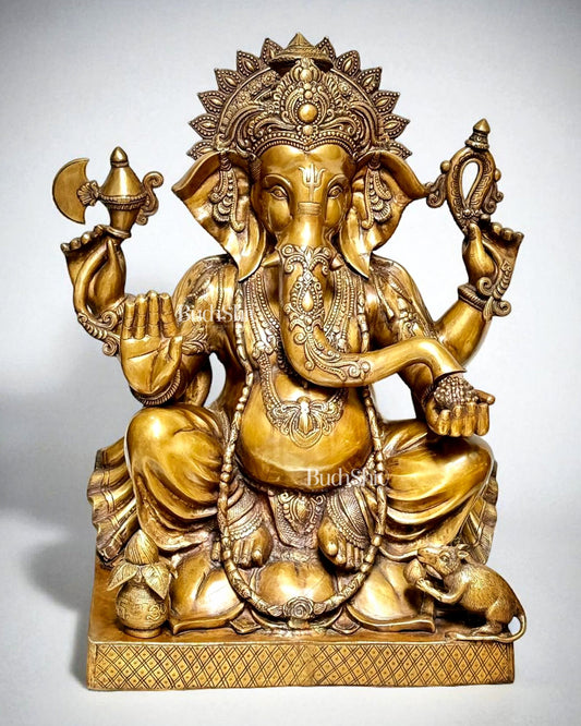 Pure Brass Large Ganesha Statue Sitting on Lotus with Sturdy Square Base 31 inch
