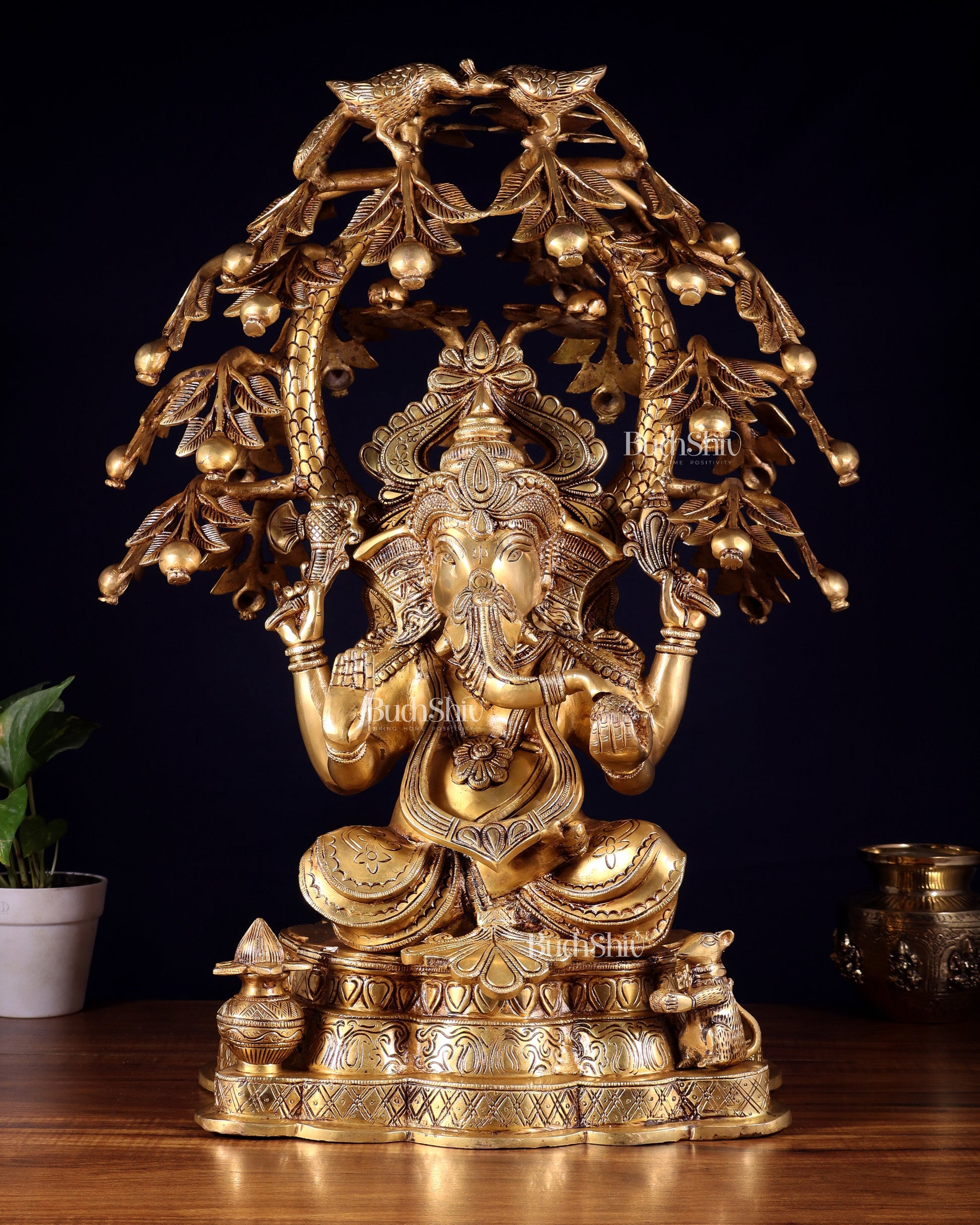 Large Brass Lord Ganesha under Tree statue - 24 inches