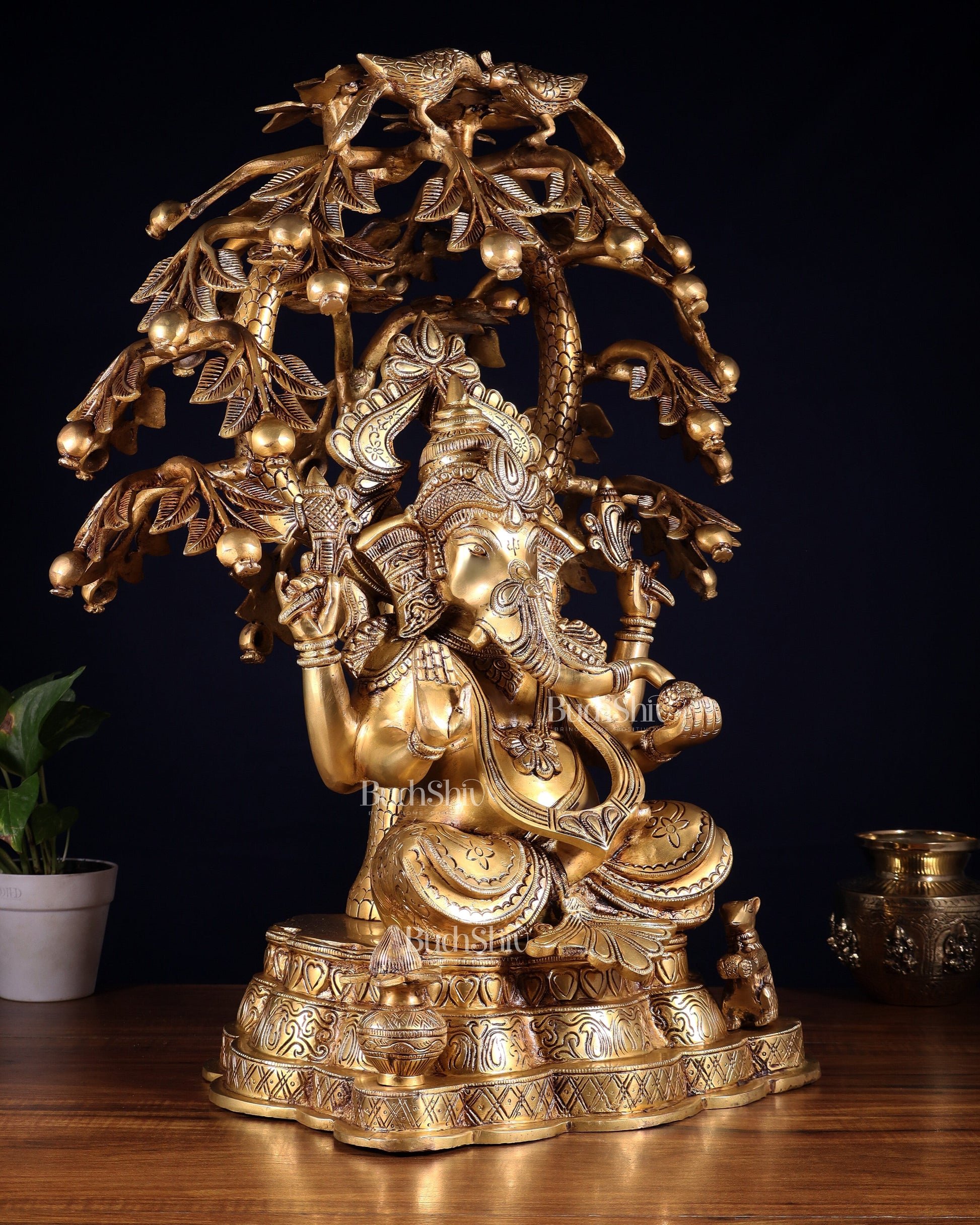 Large Brass Lord Ganesha under Tree statue - 24 inches